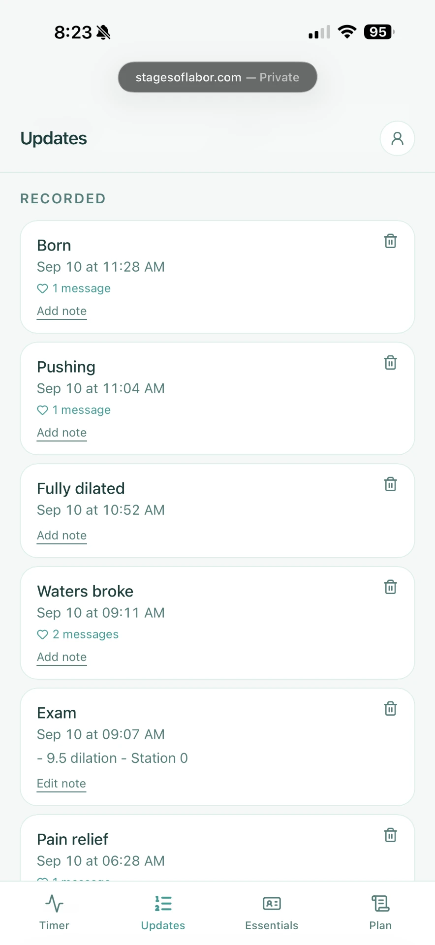 Labor timeline in the app